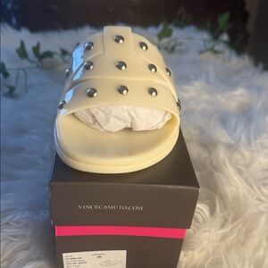 Vince Camuto Ivory Slide Sandals with Metallic Accents